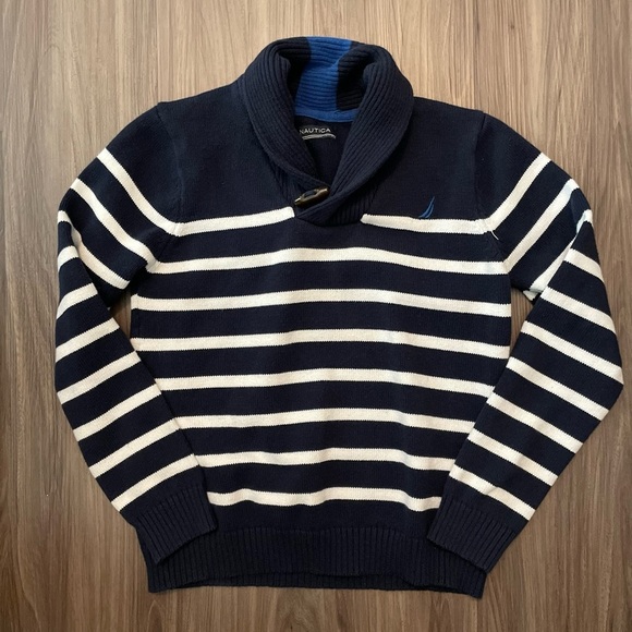 Nautica Boys Blue and White Striped Shawl Collar Sweater size L - Picture 5 of 6
